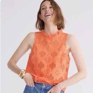 J. Crew Sz M Orange Fleur Eyelet Sleeveless Blouse Ruffle Neck Floral Preppy Top